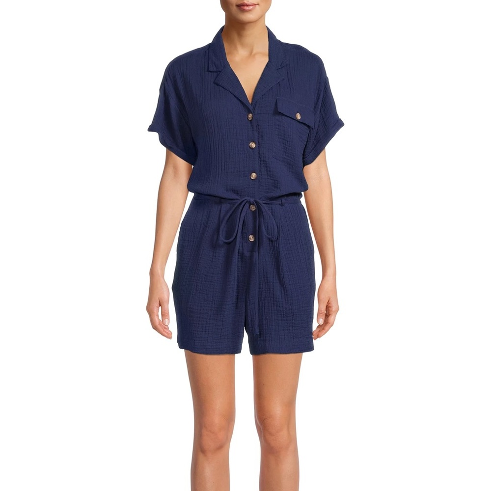 Beach Lunch Lounge Womens Cuff Sleeve Button Romper with Tie Waist